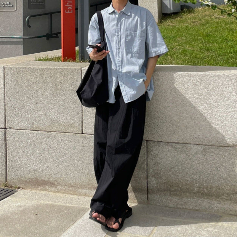 legoeduca痞帅黑色阔腿褲男士夏季直筒休閒褲子韓系通勤风坠感拖地褲
