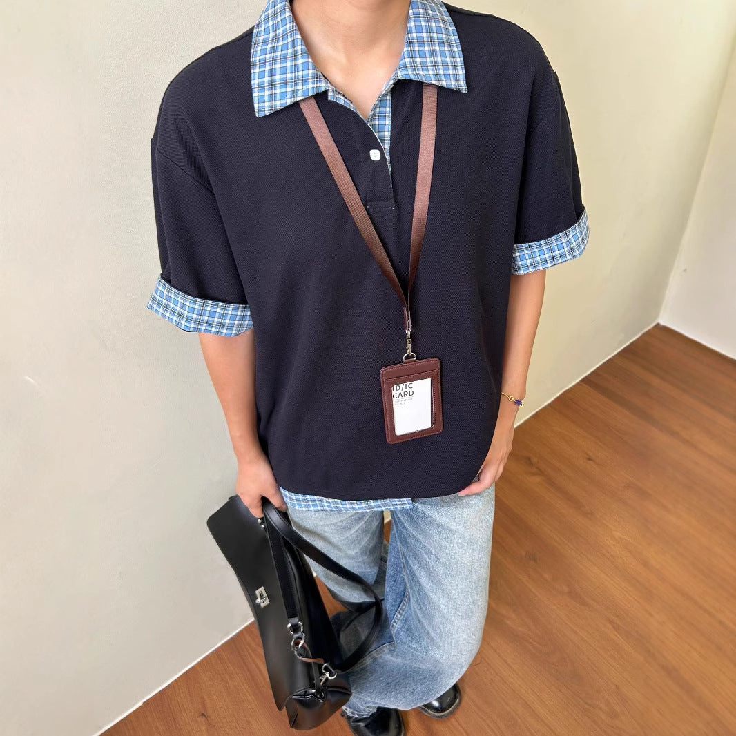 legoeduca藏蓝色假两件拼接透气格纹polo领短袖衬衫t恤 miu系