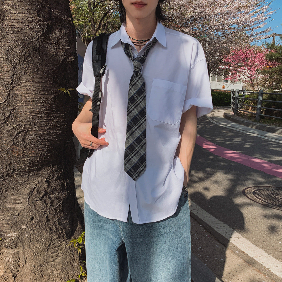 legoeduca学院风短袖衬衫男夏季寬鬆休閒纯色衬衣韓系通勤DK制服内搭