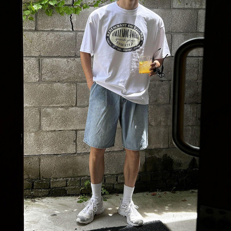 legoeduca复古印花短袖T恤男夏季寬鬆圆领半袖韓系通勤风痞帅纯棉上衣