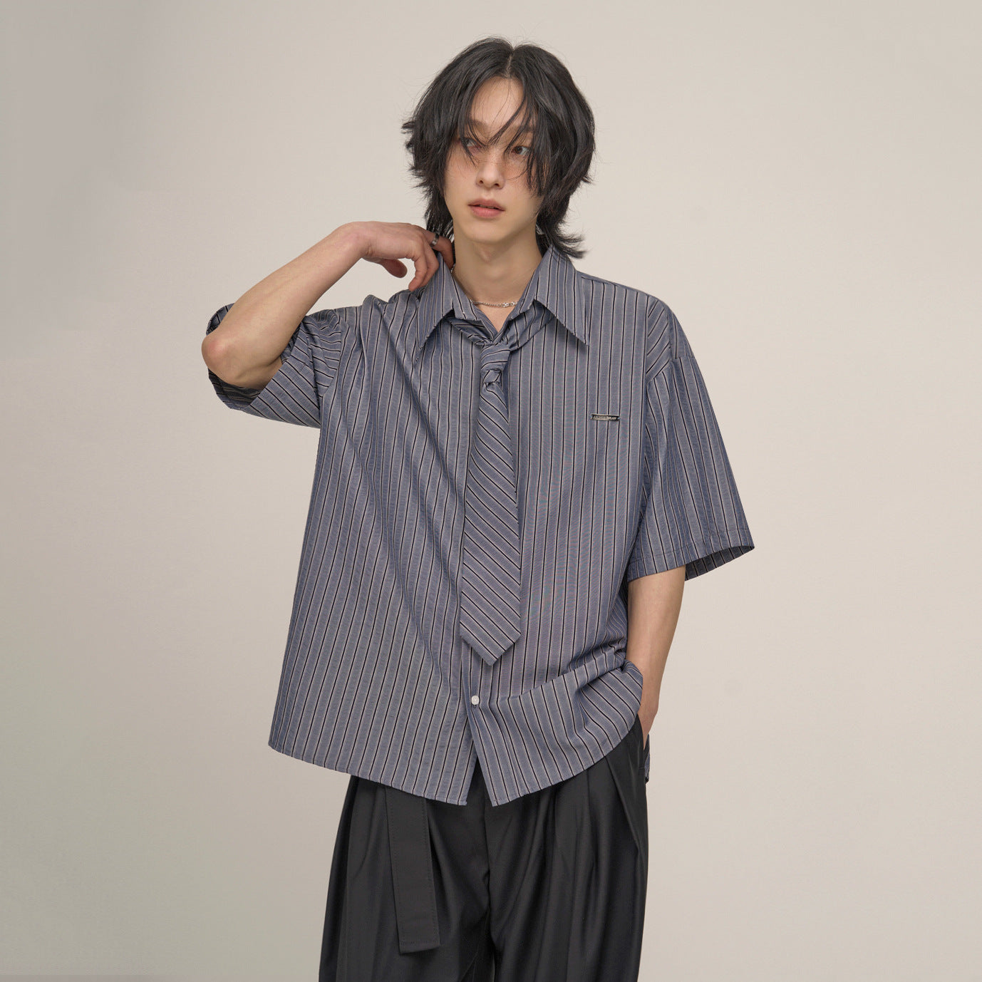 legoeduca日系条纹短袖衬衫男士夏季寬鬆休閒衬衣韓系学院风DK制服