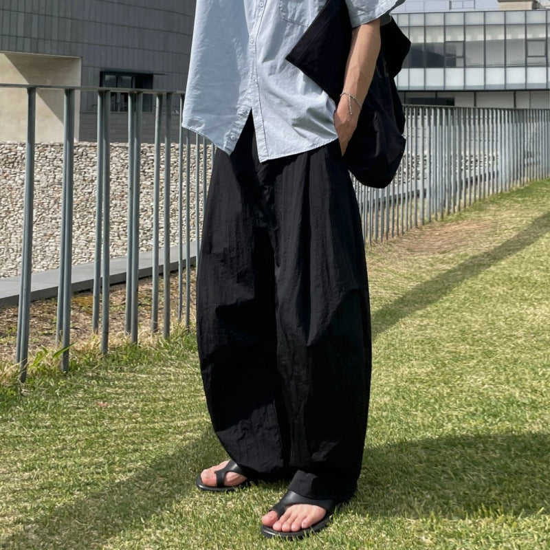 legoeduca痞帅黑色阔腿褲男士夏季直筒休閒褲子韓系通勤风坠感拖地褲