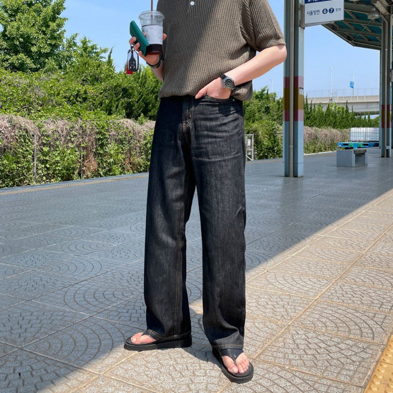 legoeduca痞帅黑色牛仔褲男士夏季阔腿直筒長褲子韓系通勤高級感穿搭
