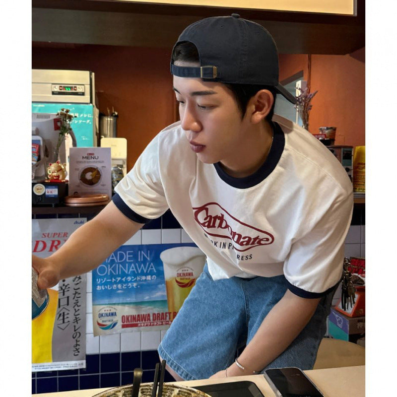 legoeduca复古字母印花短袖男夏季寬鬆圆领撞色半袖韓系慵懒风纯棉T恤