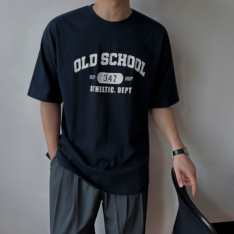 legoeduca字母印花短袖T恤男夏季寬鬆圆领体恤韓系通勤风纯棉半袖上衣