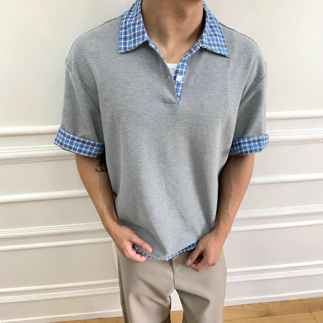 legoeduca藏蓝色假两件拼接透气格纹polo领短袖衬衫t恤 miu系