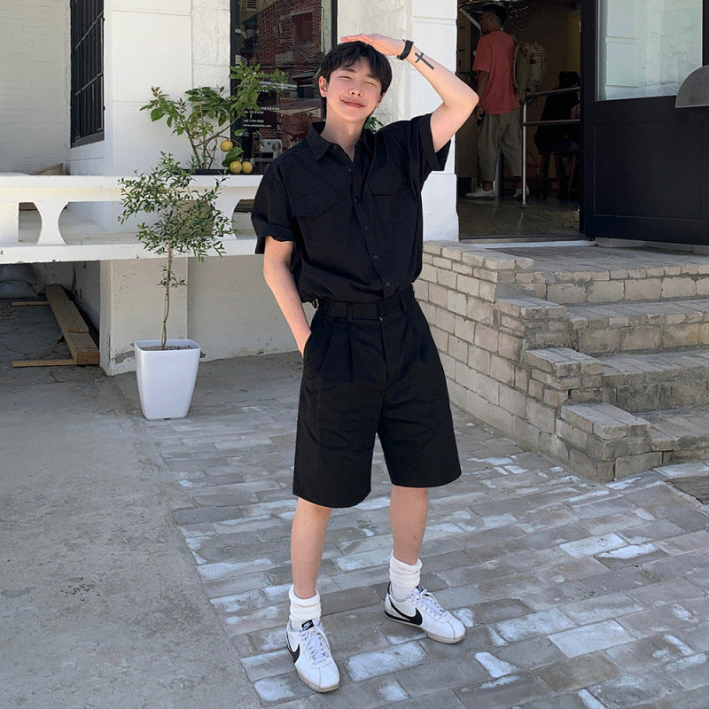 legoeduca复古工裝短袖衬衫男士夏季寬鬆休閒衬衣韓版潮流高級感穿搭