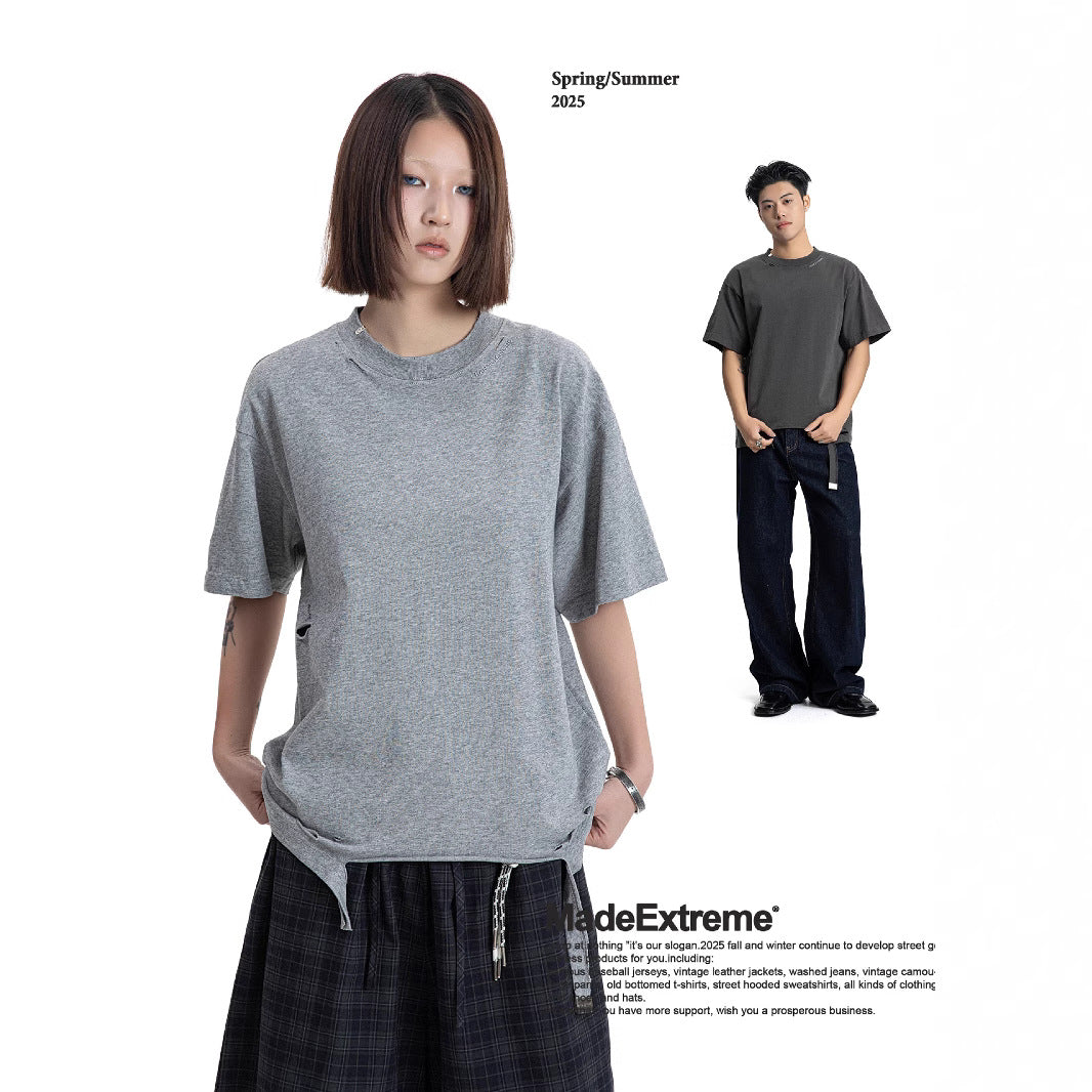 legoeduca街头破坏虫洞做旧潮流新款圆领夏季小眾短袖t恤男女