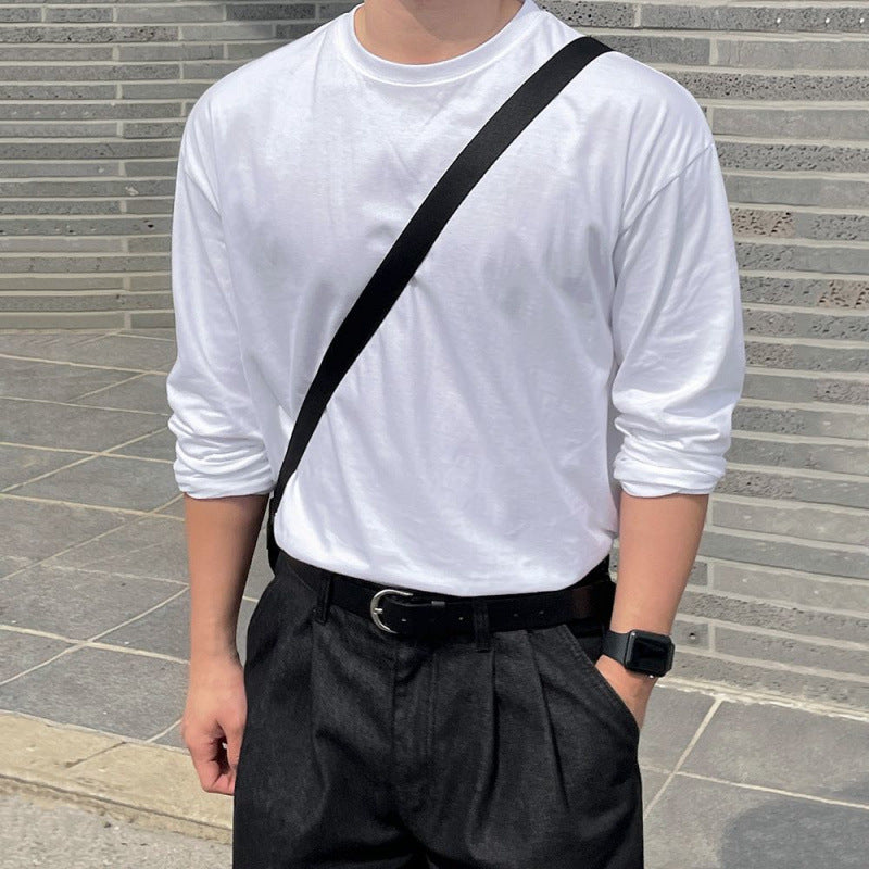 legoeduca慵懒风圆领长袖T恤男士春季纯棉基础打底衫韓版潮流百搭上衣