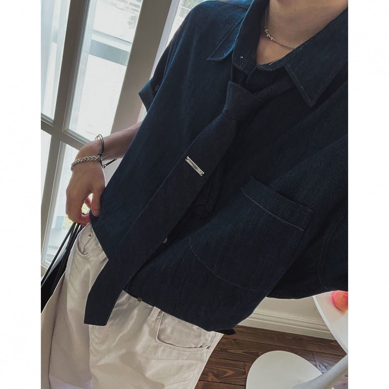 legoeduca复古短袖衬衫男士夏季寬鬆休閒牛仔衬衣韓系通勤风DK制服