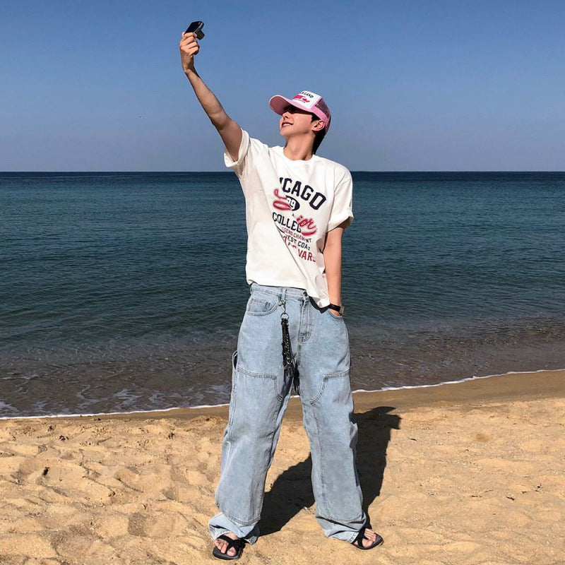legoeduca字母印花短袖T恤男夏季寬鬆圆领半袖上衣韓版潮流高級感穿搭