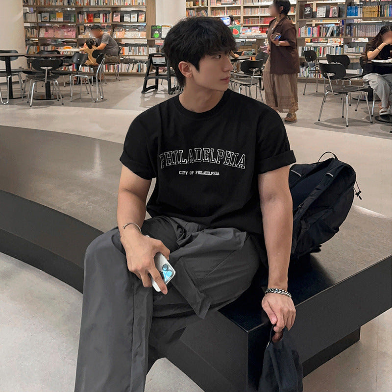legoeduca美式字母印花T恤男士夏季纯棉圆领短袖韓系通勤风半袖上衣潮