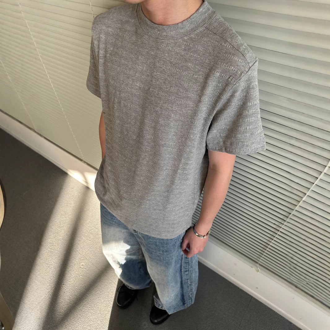 legoeduca夏季男装静奢肌理混纺基础款提花修身纯色圆领短袖T恤