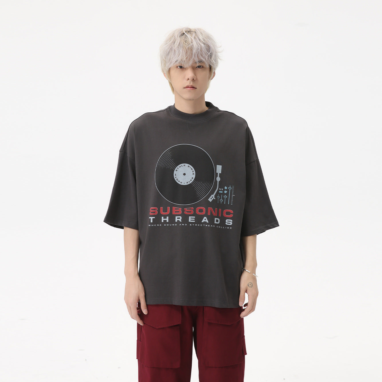 legoeduca男裝|美式纯棉黑胶唱片印花时尚260g圆领寬鬆短袖T恤潮