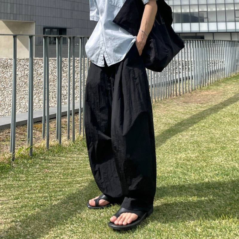 legoeduca痞帅黑色阔腿褲男士夏季直筒休閒褲子韓系通勤风坠感拖地褲
