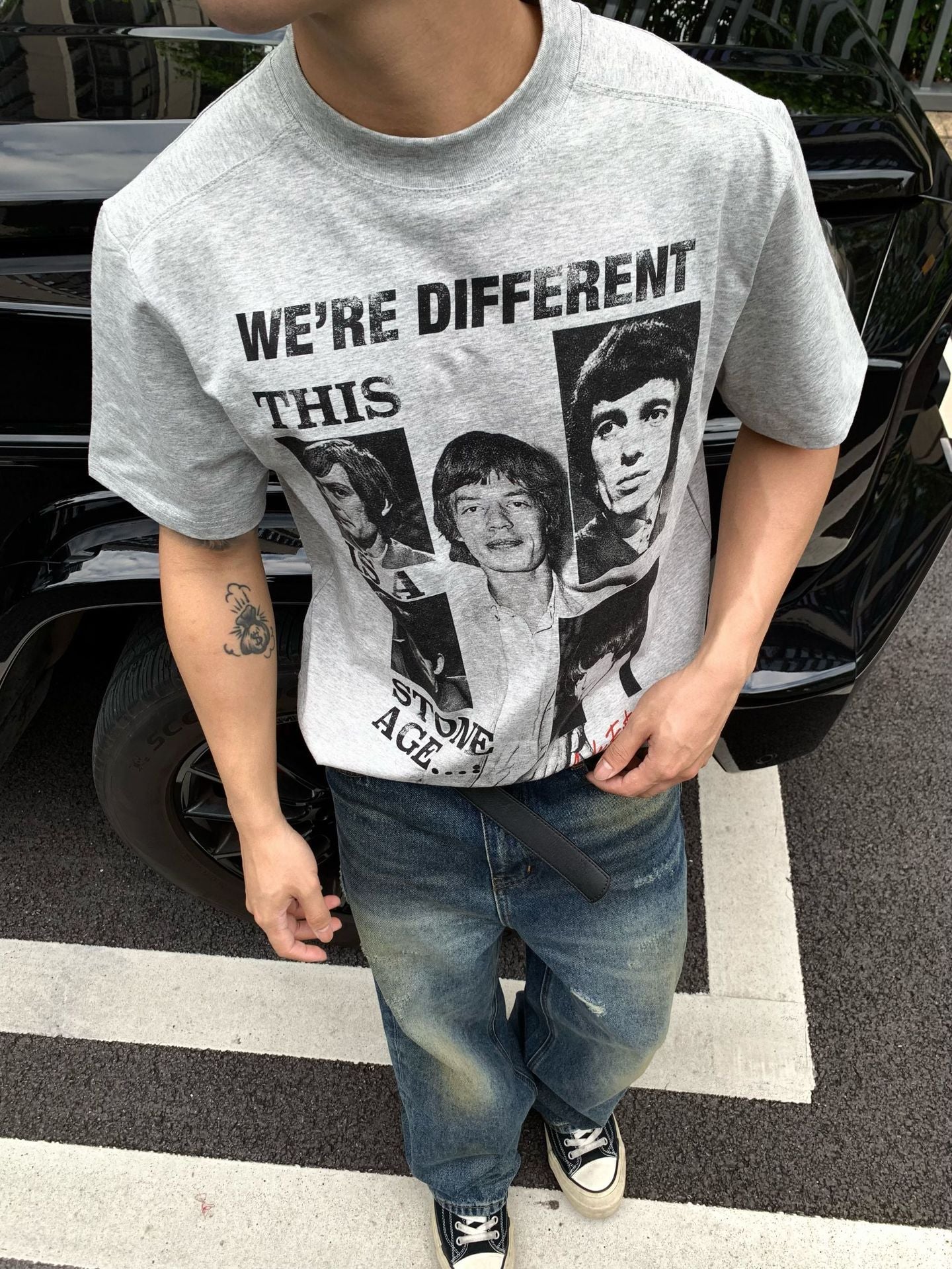 legoeducaEME男装 夏季乐队印花人像复古小领口短袖tee恤cleanfit潮流上衣