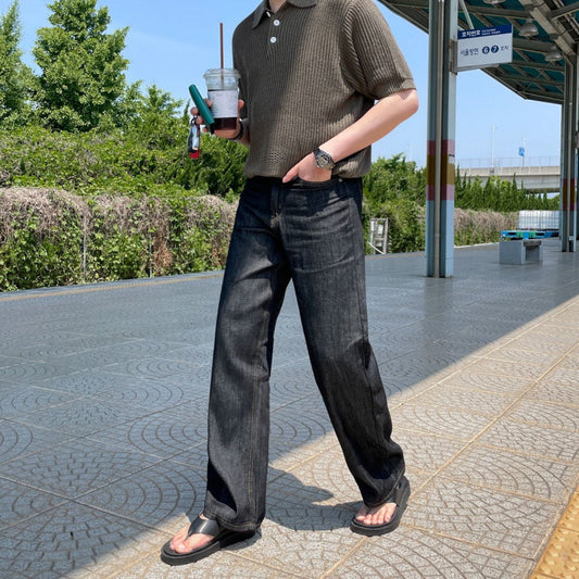 legoeduca痞帅黑色牛仔褲男士夏季阔腿直筒長褲子韓系通勤高級感穿搭