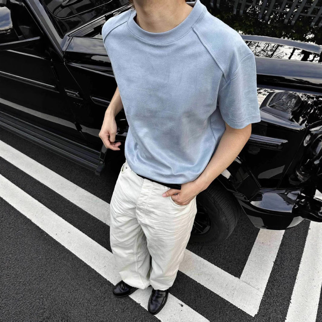 legoeducaEME男装 老钱风索罗娜凉感纯色正肩剪裁解构短袖T恤短款boxy版型