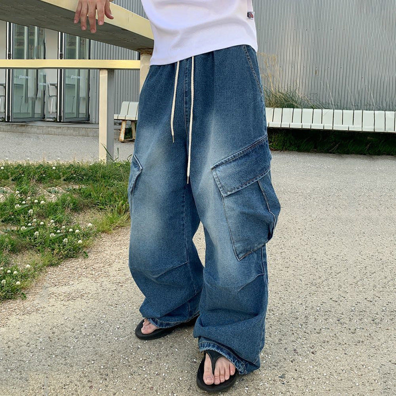 legoeduca复古水洗直筒牛仔褲男士夏季寬鬆休閒工裝褲韓版潮流拖地褲