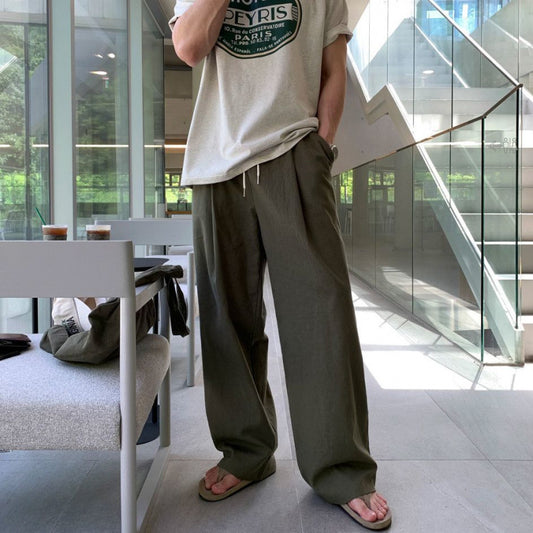 legoeduca垂坠感簡約休閒褲男夏季寬鬆直筒拖地褲韓系通勤风阔腿長褲