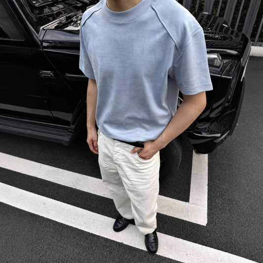 legoeducaEME男装 老钱风索罗娜凉感纯色正肩剪裁解构短袖T恤短款boxy版型