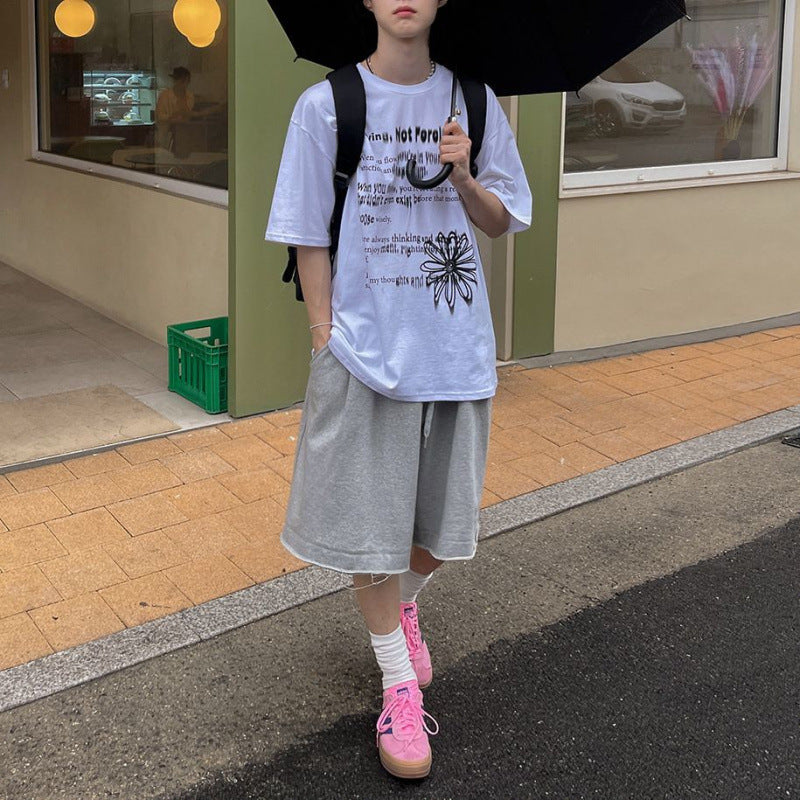 legoeduca灰色運動短褲男士夏季寬鬆休閒中褲韓系通勤风阔腿五分卫褲