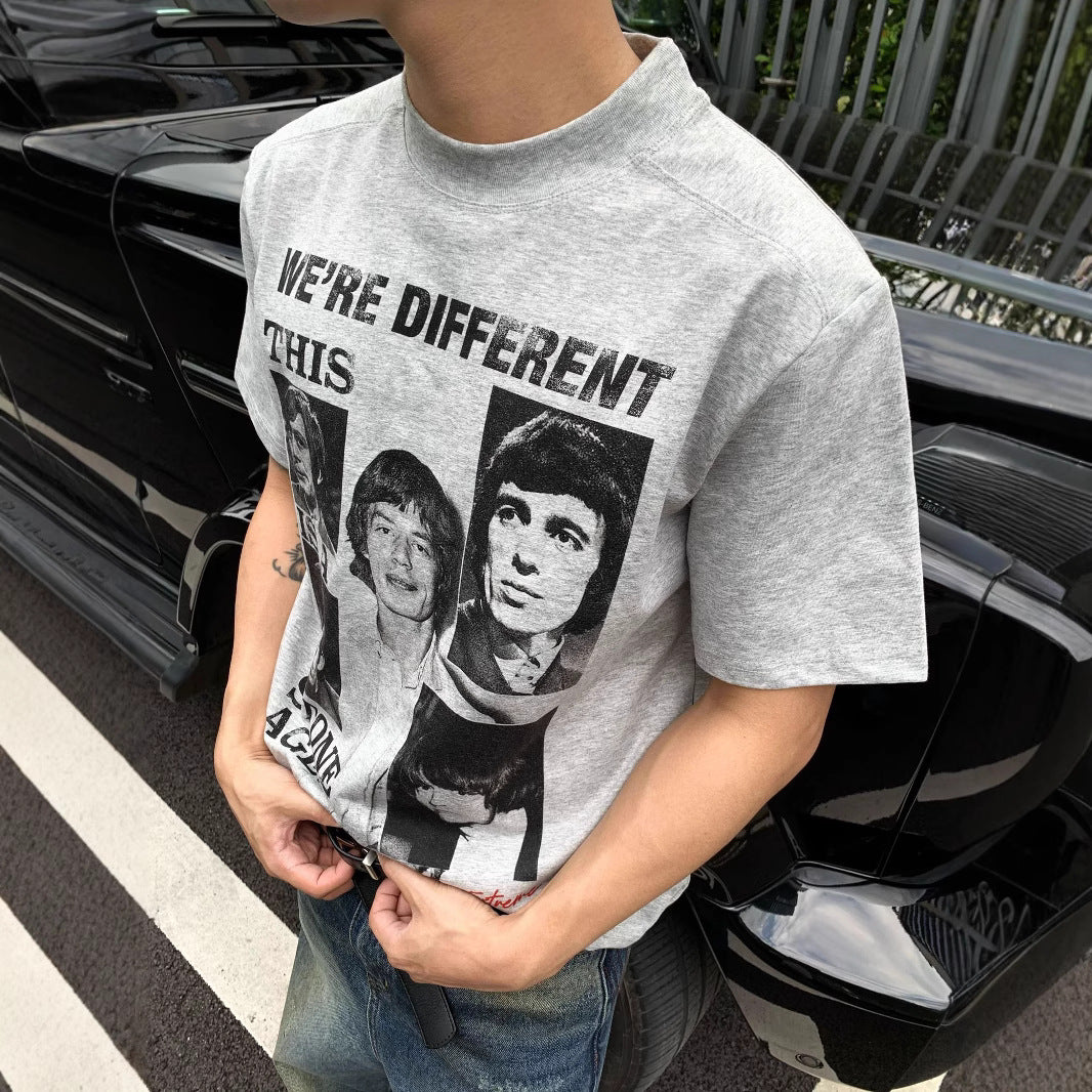 legoeducaEME男装 夏季乐队印花人像复古小领口短袖tee恤cleanfit潮流上衣