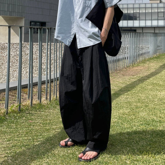 legoeduca痞帅黑色阔腿褲男士夏季直筒休閒褲子韓系通勤风坠感拖地褲