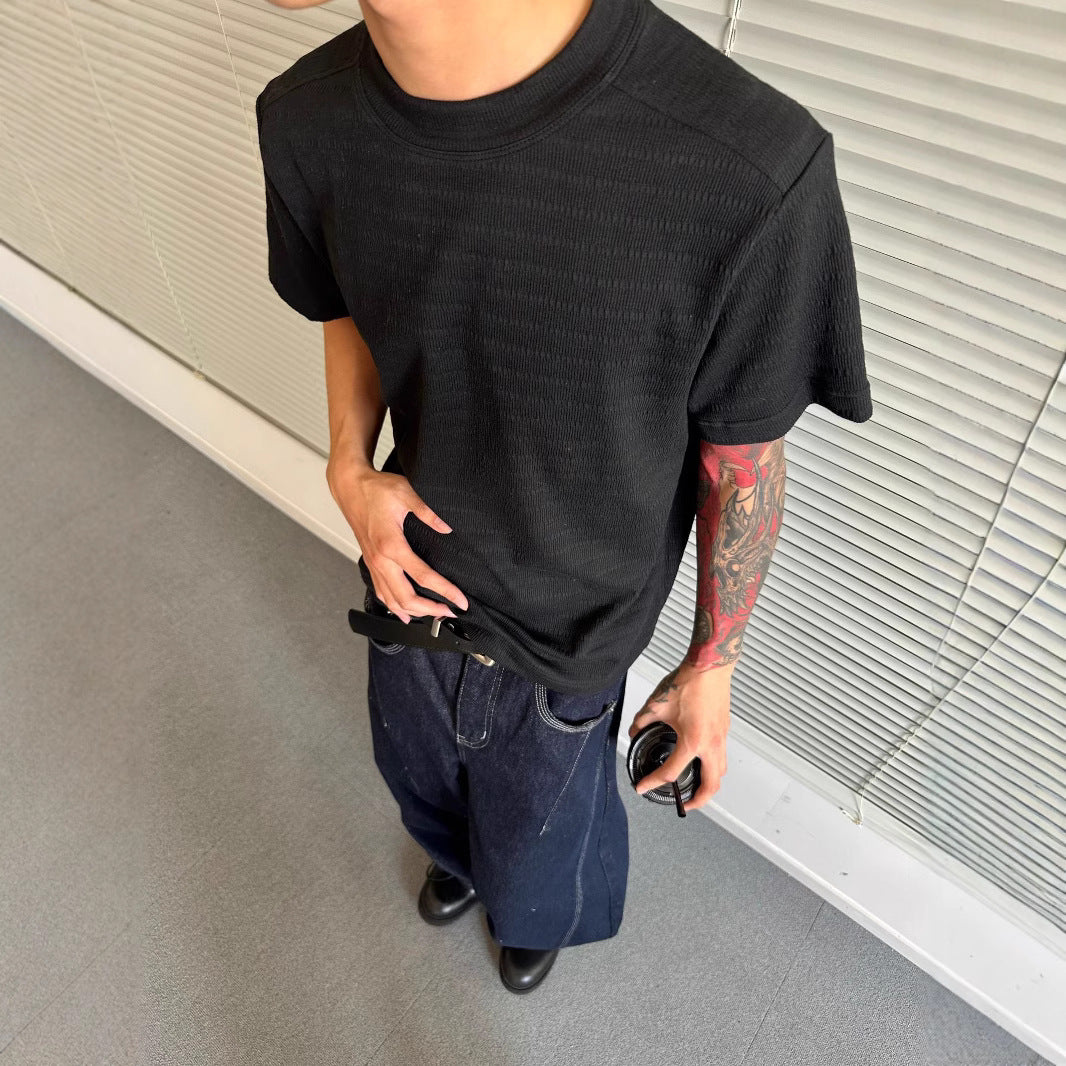 legoeduca夏季男装静奢肌理混纺基础款提花修身纯色圆领短袖T恤