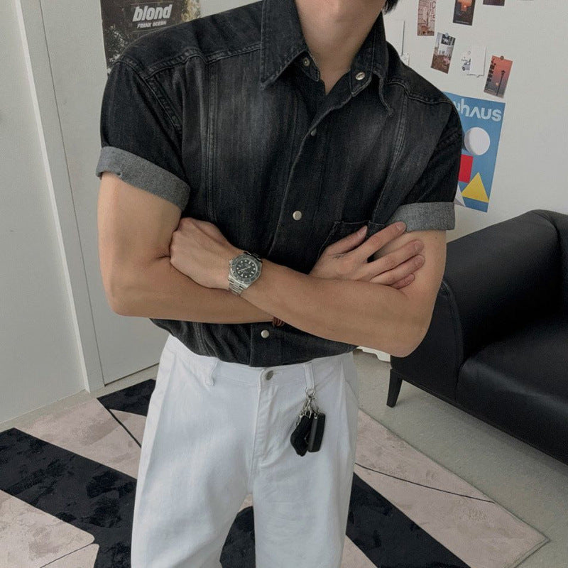 legoeduca复古水洗短袖衬衫男士夏季寬鬆休閒衬衣韓系小眾通勤穿搭潮