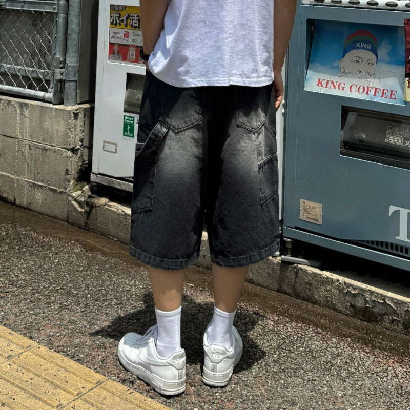 legoeduca复古风牛仔短褲男士夏季寬鬆阔腿七分褲韓系通勤风休閒穿搭