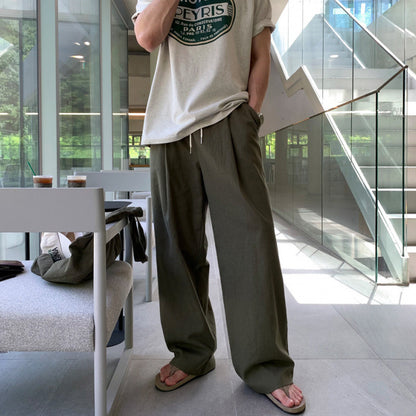 legoeduca垂坠感簡約休閒褲男夏季寬鬆直筒拖地褲韓系通勤风阔腿長褲