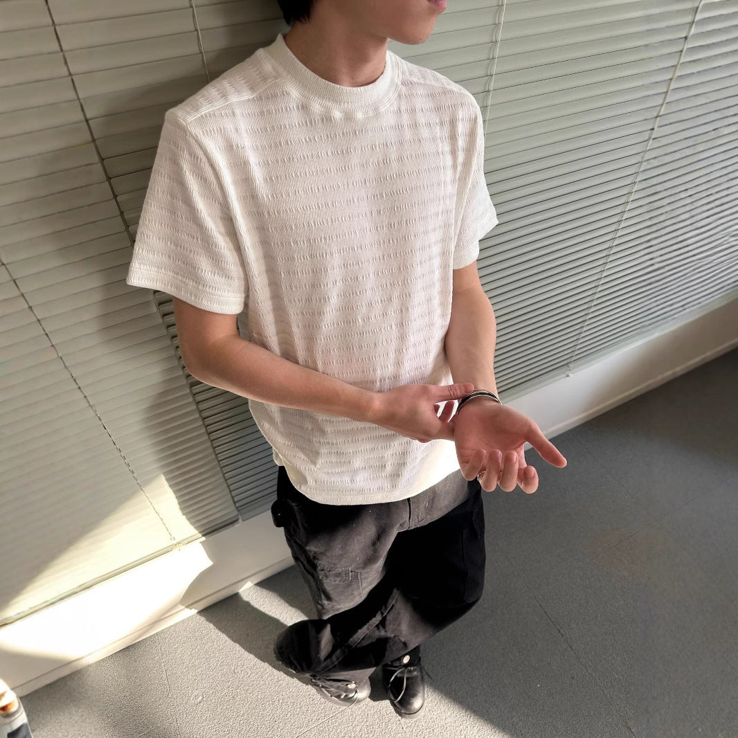 legoeduca夏季男装静奢肌理混纺基础款提花修身纯色圆领短袖T恤