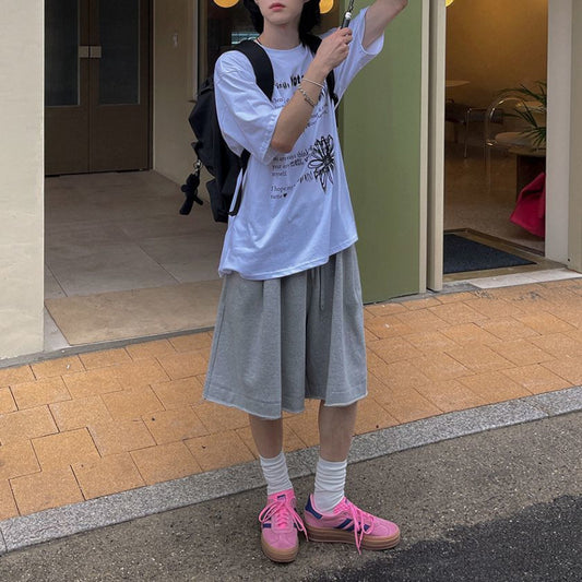 legoeduca灰色運動短褲男士夏季寬鬆休閒中褲韓系通勤风阔腿五分卫褲