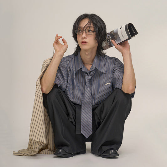legoeduca日系条纹短袖衬衫男士夏季寬鬆休閒衬衣韓系学院风DK制服