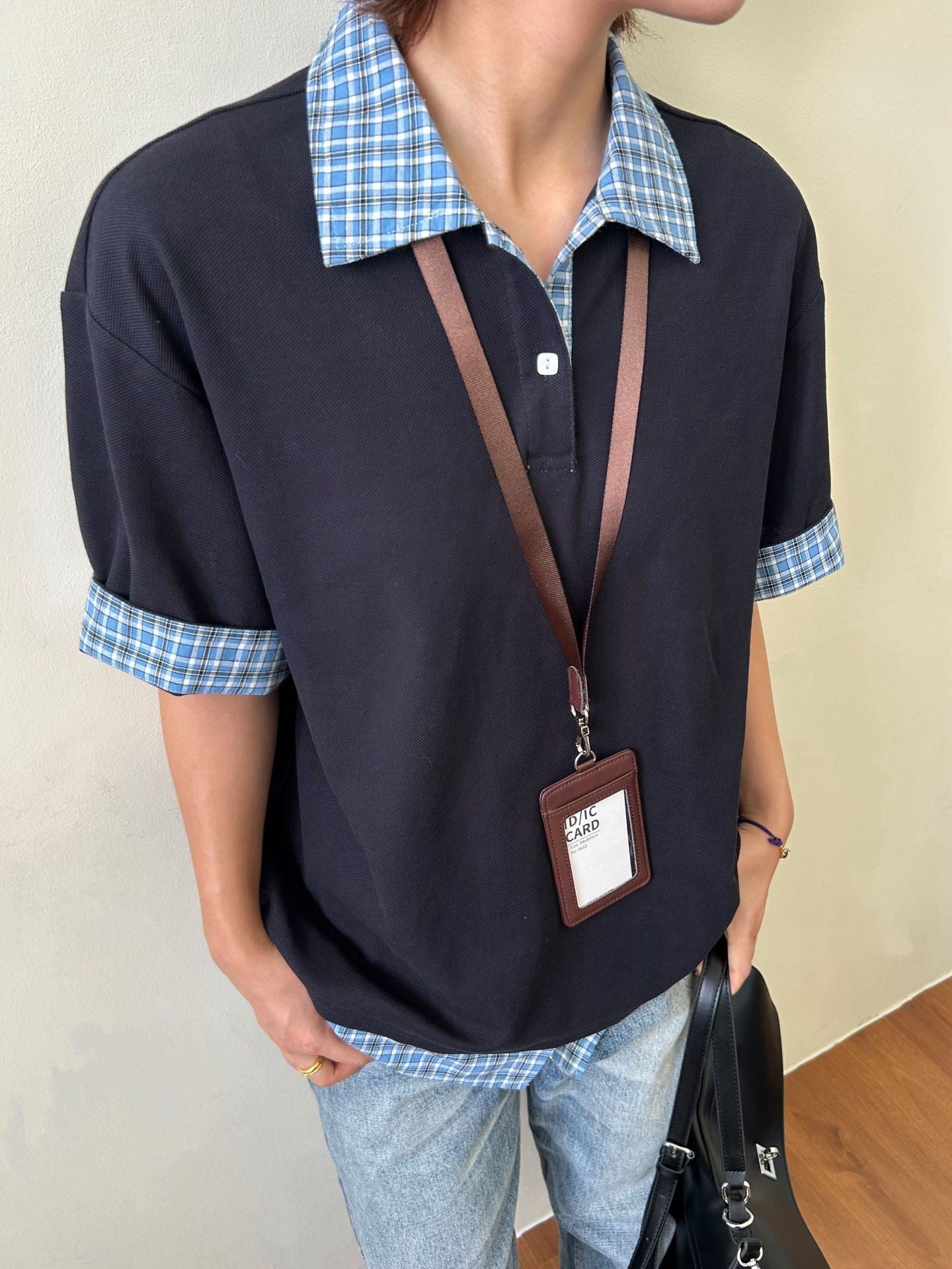 legoeduca藏蓝色假两件拼接透气格纹polo领短袖衬衫t恤 miu系