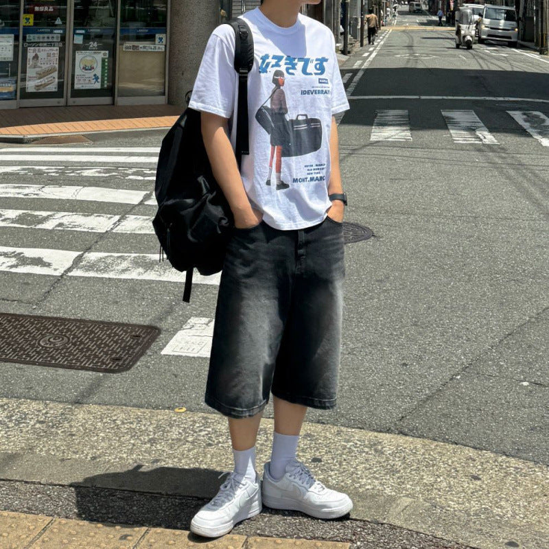 legoeduca复古风牛仔短褲男士夏季寬鬆阔腿七分褲韓系通勤风休閒穿搭