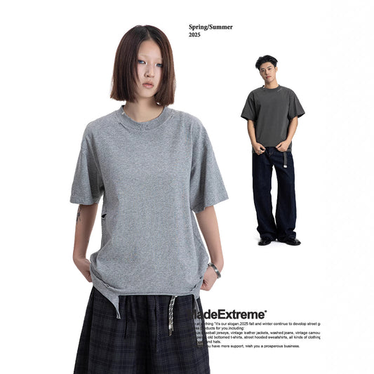 legoeduca街头破坏虫洞做旧潮流新款圆领夏季小眾短袖t恤男女