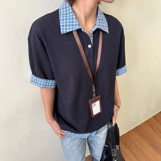 legoeduca藏蓝色假两件拼接透气格纹polo领短袖衬衫t恤 miu系