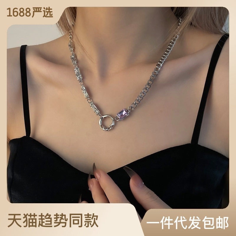 2024新款飾品 QP-0421欧美简约紫钻圆圈项链女小众轻奢ins嘻哈甜酷设计感冷淡风锁骨链