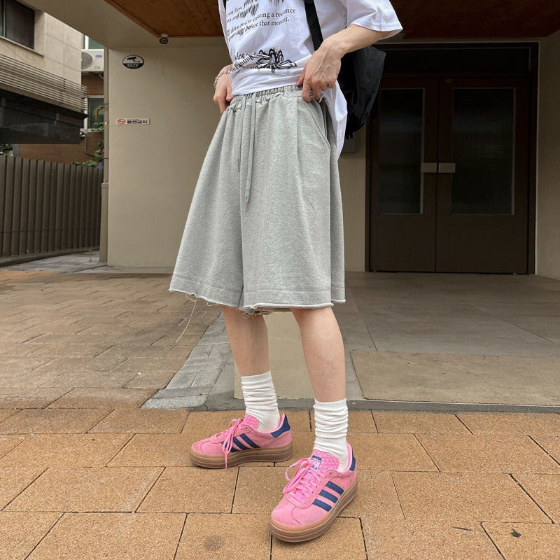 legoeduca灰色運動短褲男士夏季寬鬆休閒中褲韓系通勤风阔腿五分卫褲