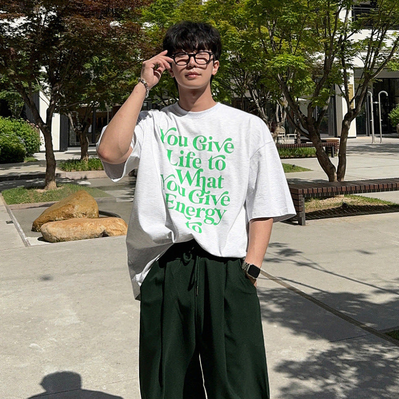 legoeduca設計感字母印花T恤男士夏季寬鬆圆领短袖韓系通勤风半袖上衣