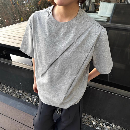 legoeducaEME男装 斜褶剪裁廓形设计高级感夏季纯色圆领休閒短袖t恤上衣