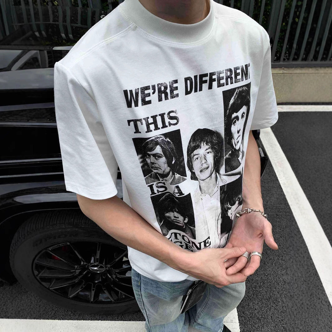 legoeducaEME男装 夏季乐队印花人像复古小领口短袖tee恤cleanfit潮流上衣