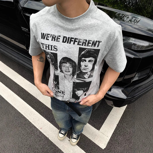 legoeducaEME男装 夏季乐队印花人像复古小领口短袖tee恤cleanfit潮流上衣