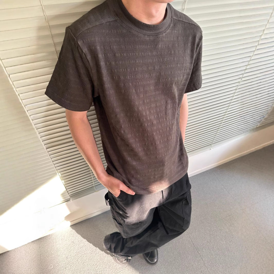 legoeduca夏季男装静奢肌理混纺基础款提花修身纯色圆领短袖T恤