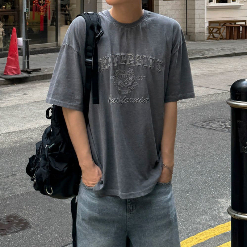 legoeduca設計感绣花短袖T恤男夏季寬鬆圆领半袖韓系通勤小眾纯棉上衣